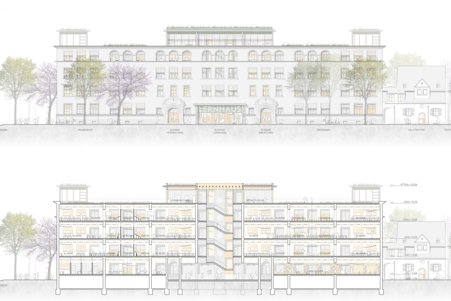 Architektonische Zeichnungen: Frontansicht und Querschnitt der ehemaligen Textorschule