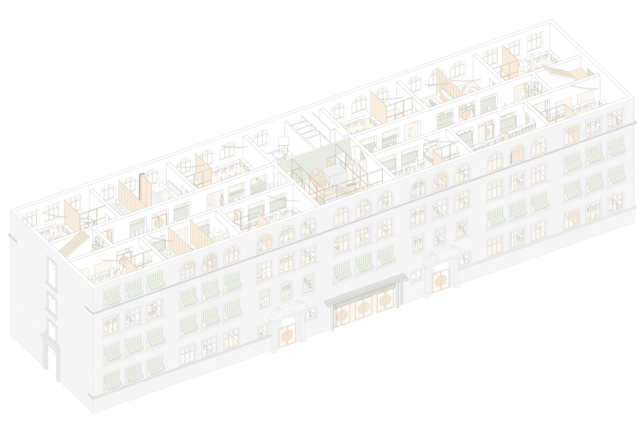 Isometrischer Schnitt durch das Lernhaus der IGS Süd Frankfurt im Gebäude der ehemaligen Textorschule